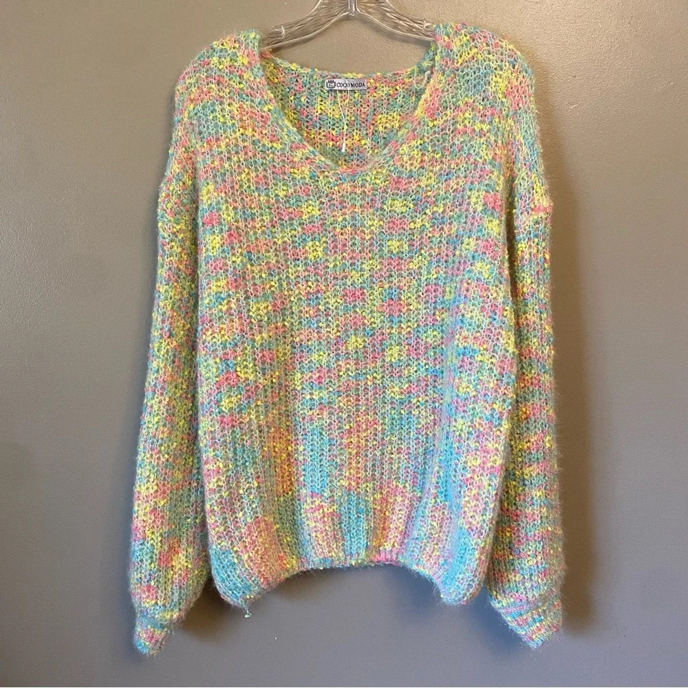 COCO MODA sweater colorful pastel sweater V neck cotton blend